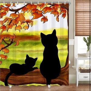 Fall Thanksgiving Cat Shower Curtains For Bathroom, Waterproof Autumn Ma…